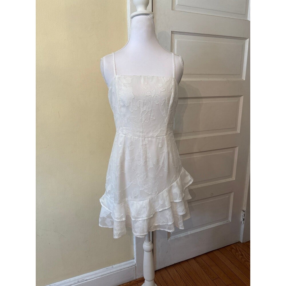 Dress white mini lace lacey adjustable spaghetti strap square neck ruffle frill